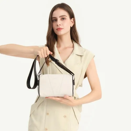 Miss Lulu Simple & Elegant Wide Strap Genuine Leather Crossbody Bag - Khaki