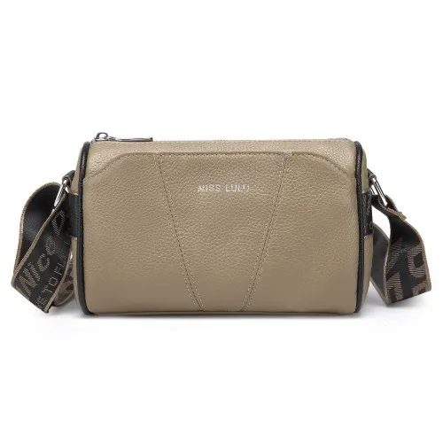 Miss Lulu Simple & Elegant Wide Strap Genuine Leather Crossbody Bag - Khaki