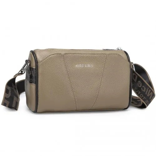 Miss Lulu Simple & Elegant Wide Strap Genuine Leather Crossbody Bag - Khaki