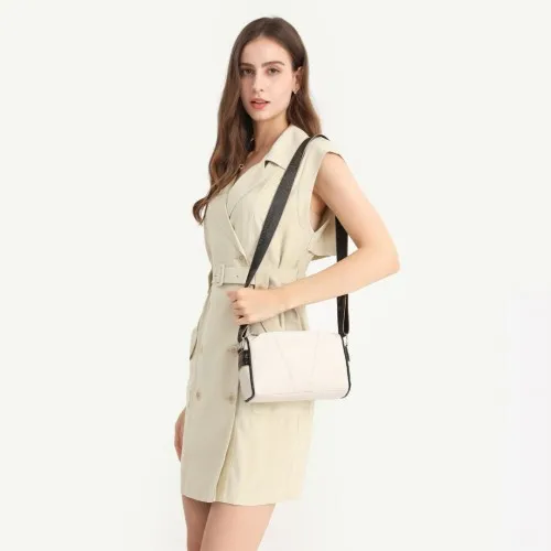 Miss Lulu Simple & Elegant Wide Strap Genuine Leather Crossbody Bag - Khaki