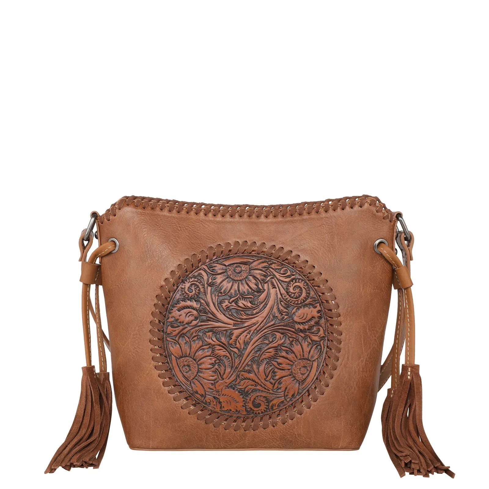 Montana West Brown Vintage Floral Tooled Crossbody Saddle Bag