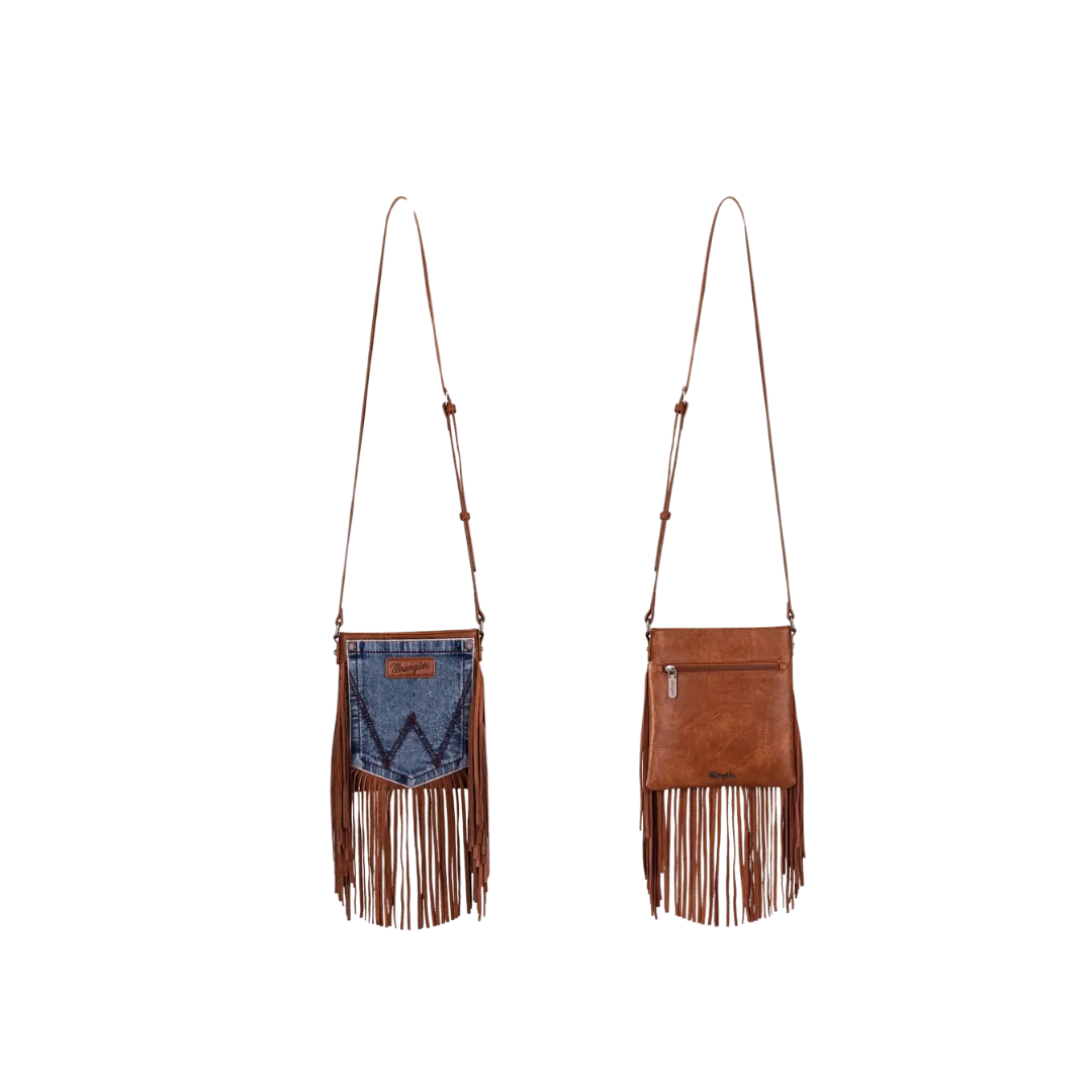 Montana West Women's Wrangler Leather Fringe Denim Brown Crossbody Bag