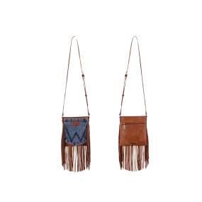 Montana West Women's Wrangler Leather Fringe Denim Brown Crossbody Bag