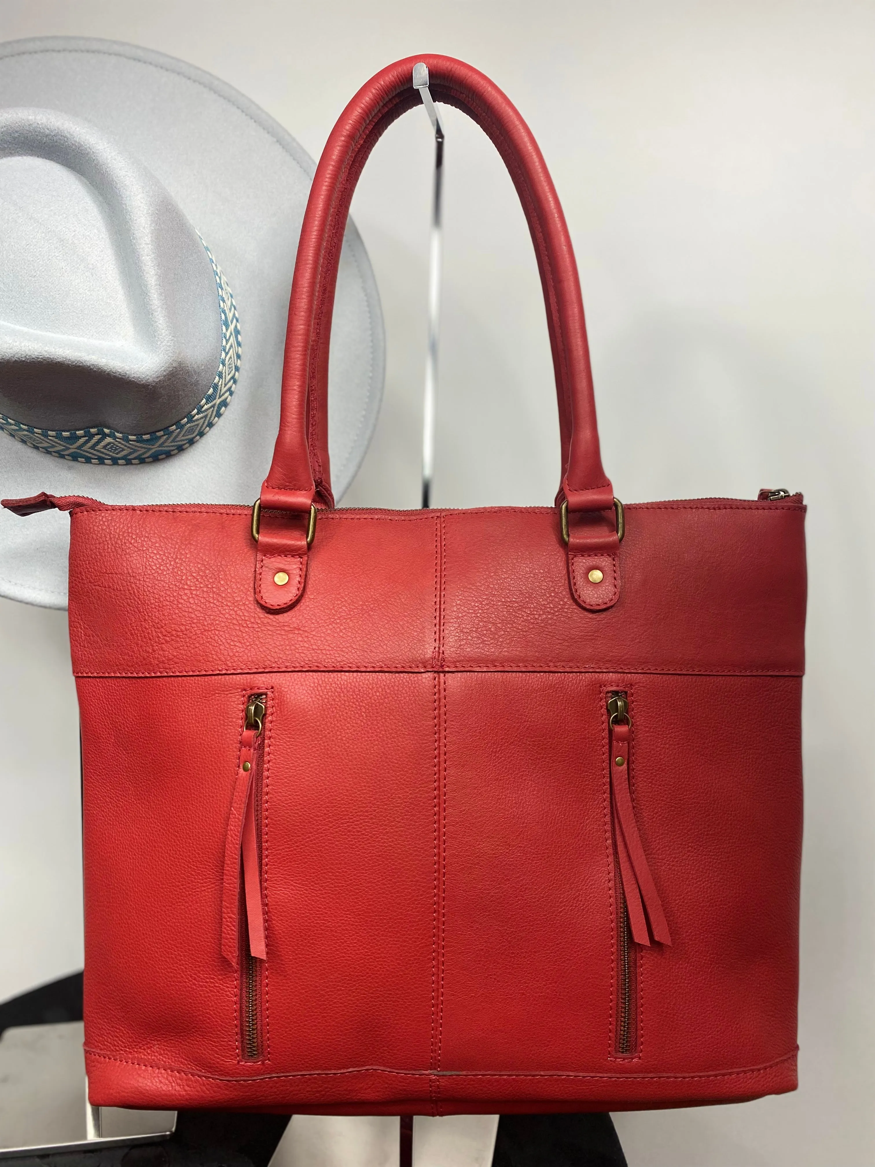 MontanaCo Pure Leather Weave Concealed Carry Tote Bag- Cherry