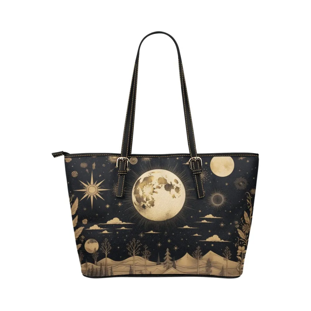 Moon Stars Sun Tote Bag Purse, Night Sky Boho Print Handbag Vegan Leather Zip on Top Designer Handmade Shoulder Small Large Bag Women Ladies