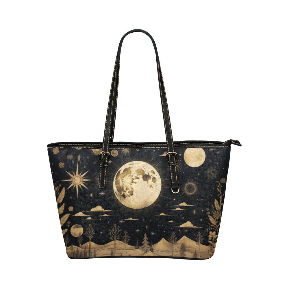 Moon Stars Sun Tote Bag Purse, Night Sky Boho Print Handbag Vegan Leather Zip on Top Designer Handmade Shoulder Small Large Bag Women Ladies