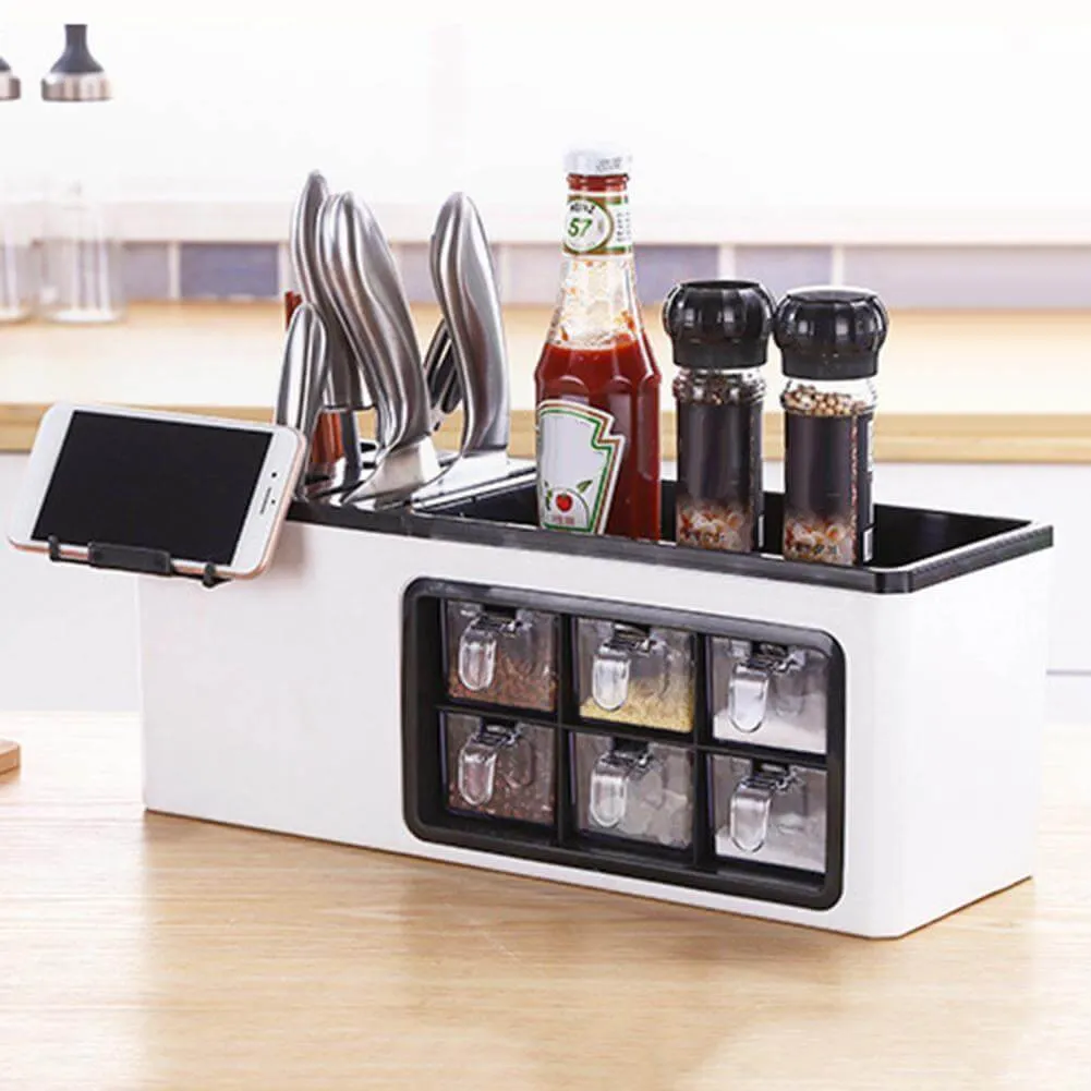 Multipurpose Useful Shelf Seasoning Storage Organizer with Phone Holder