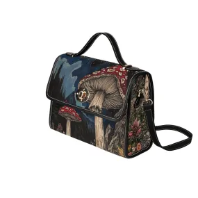 Mushrooms Canvas Satchel Bag, Night Sky Forest Cottagecore Butterfly Waterproof Black Cute Women Crossbody Purse Vegan Leather Strap Handbag