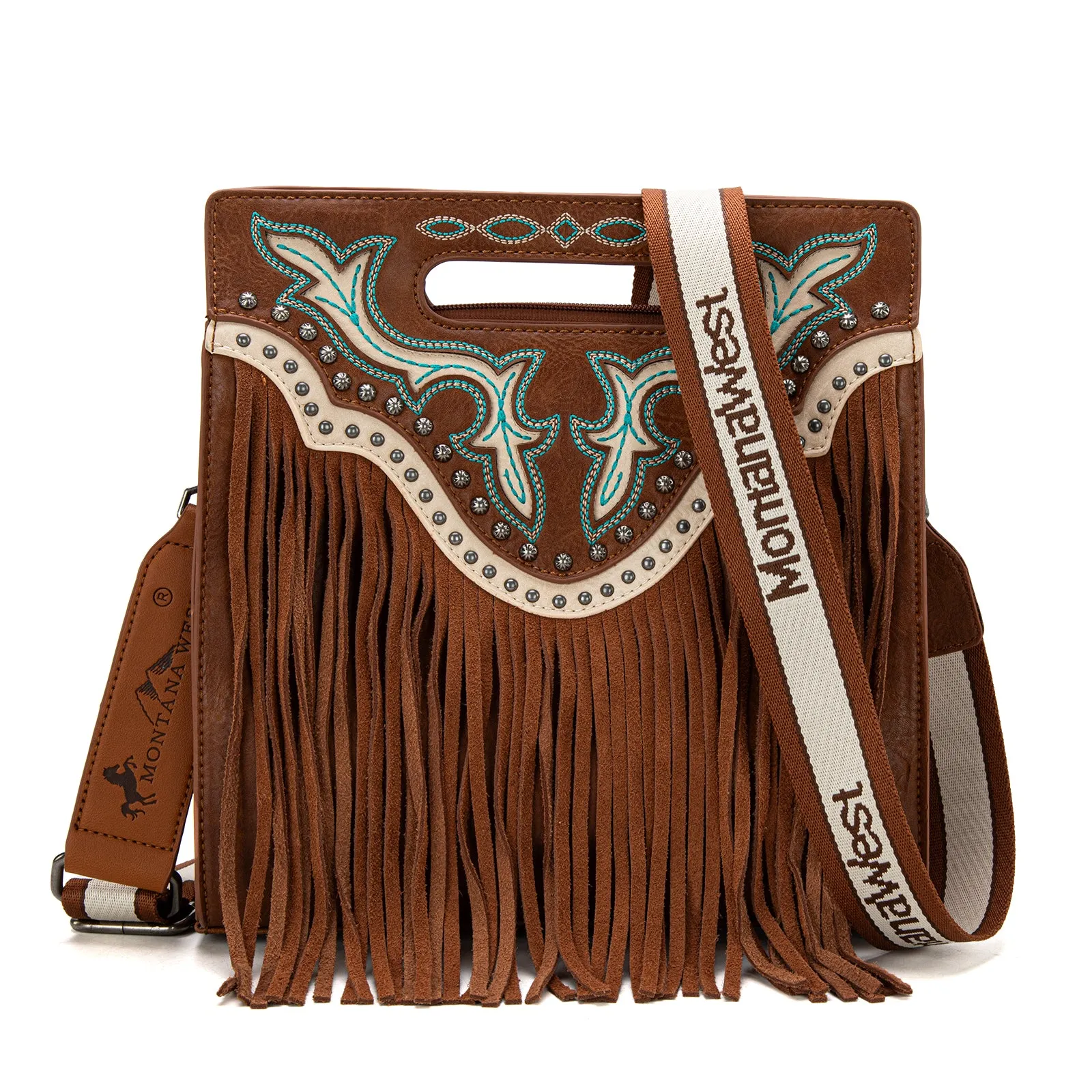 MW1281G-9360  Montana West Fringe Embroidered Concealed Carry Tote/Crossbody - Brown