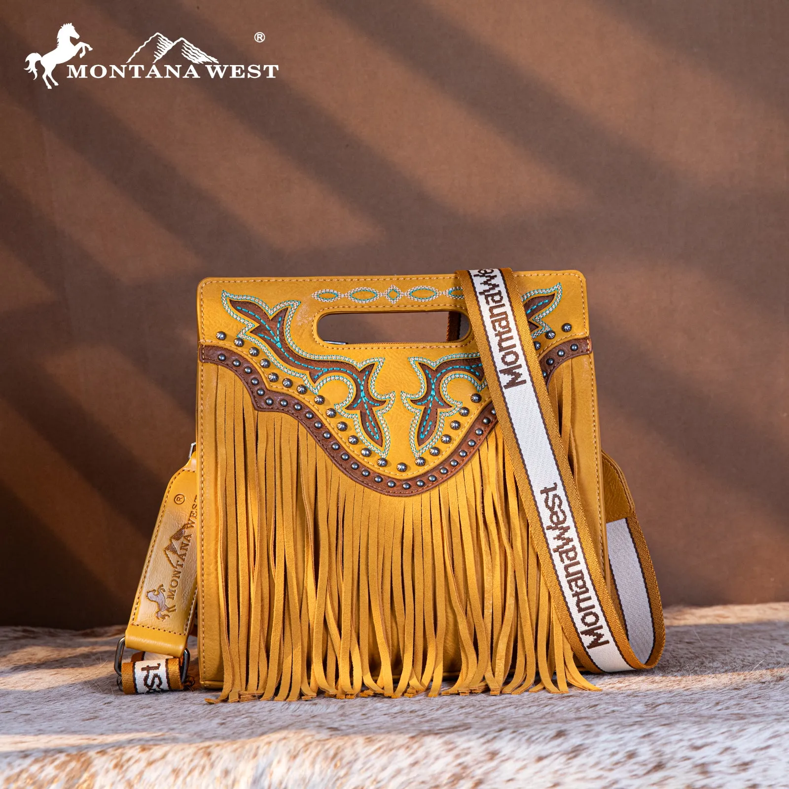 MW1281G-9360  Montana West Fringe Embroidered Concealed Carry Tote/Crossbody - Mustard