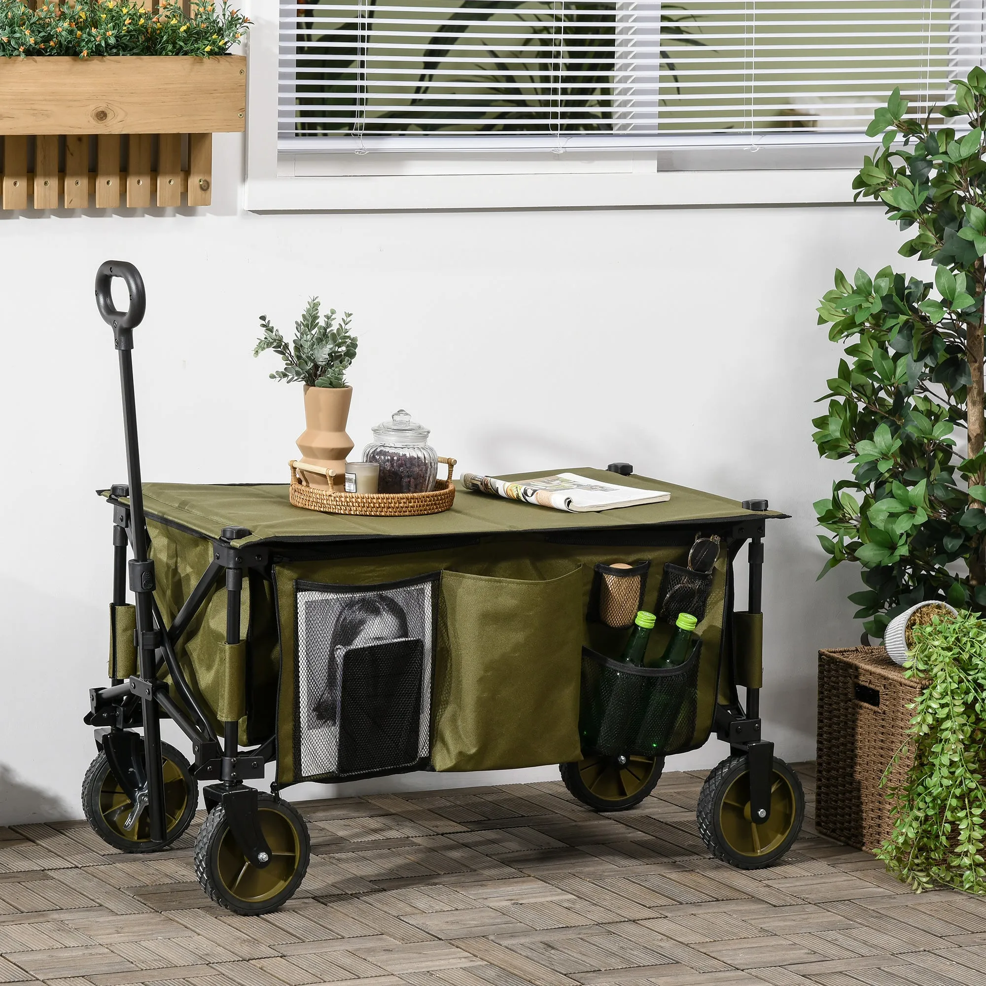 Outsunny Folding Wagon Garden Cart Collapsible Camping Trolley for Outdoor