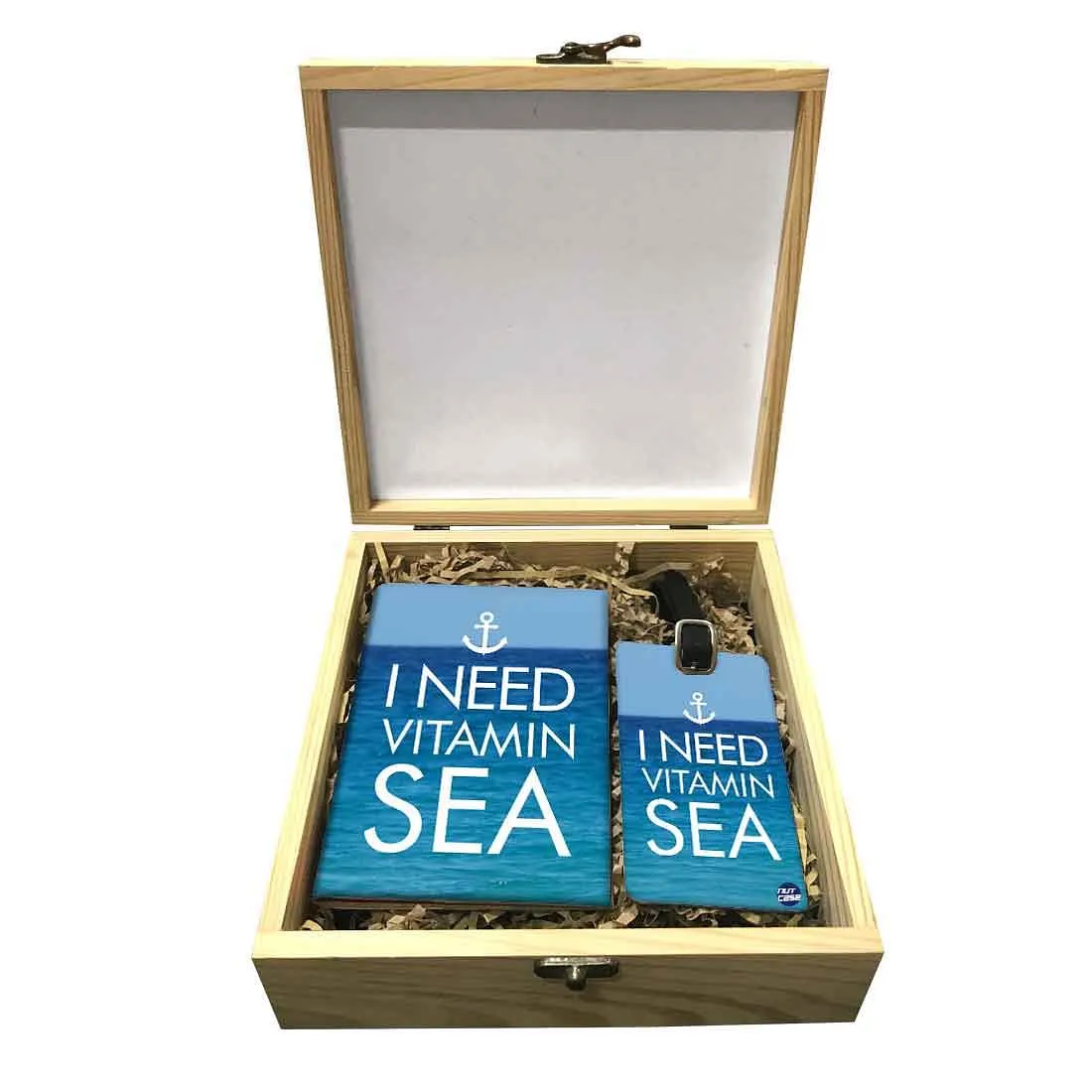 Passport Cover Luggage Tag Wooden Gift Box Set - I Need Vitamin Sea