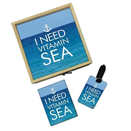 Passport Cover Luggage Tag Wooden Gift Box Set - I Need Vitamin Sea