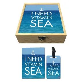 Passport Cover Luggage Tag Wooden Gift Box Set - I Need Vitamin Sea