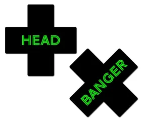 Plus X: 'Head Banger' Black & Neon Green Cross Nipple Pasties