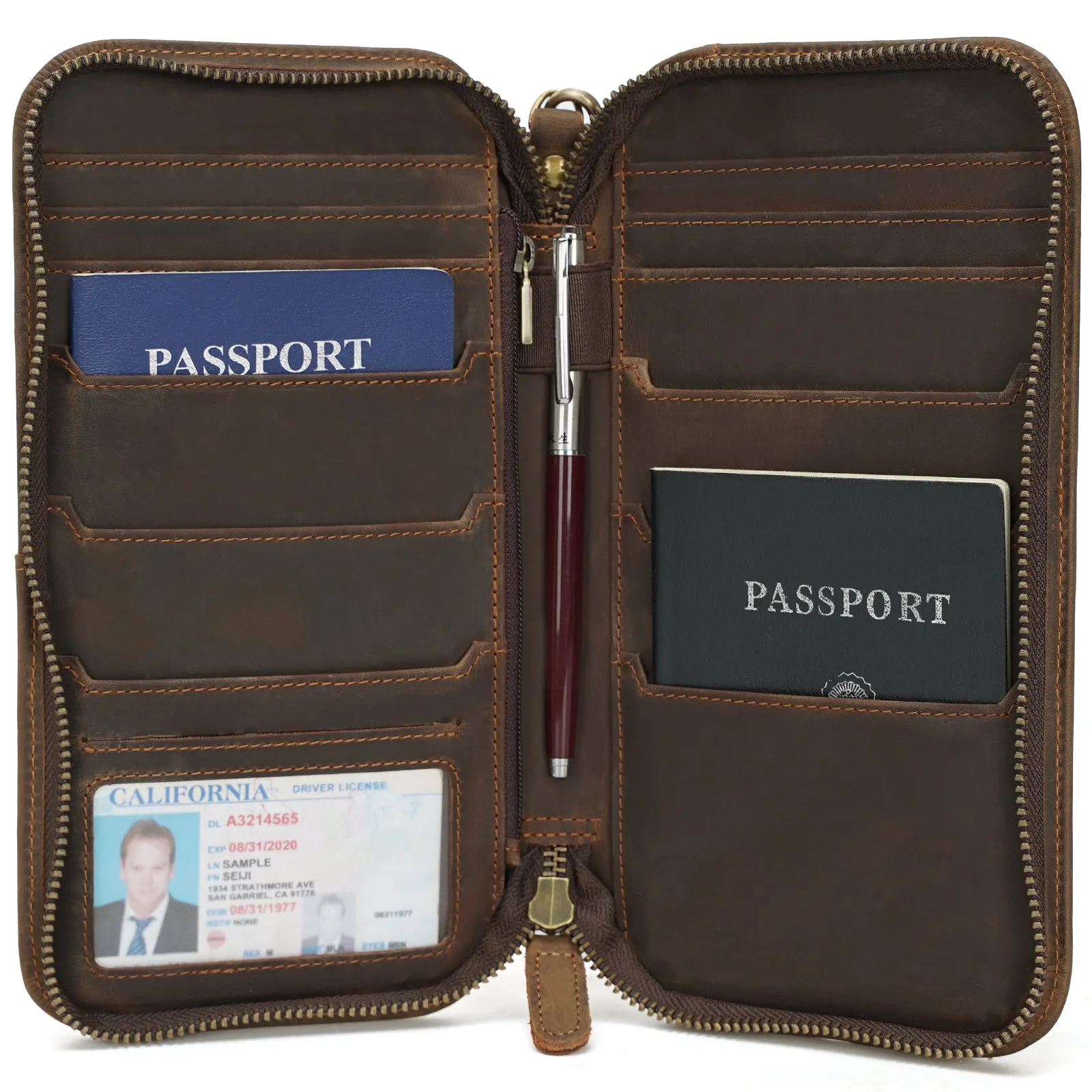 Polare Full Grain Leather Family Passport Holder Travel Wallet and Documents Organizer RFID Blocking Case Fits 6 Passports