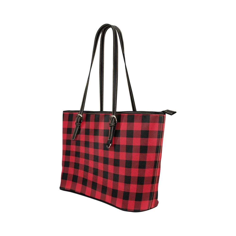 Red Buffalo Plaid Tote Bag Purse, Black Check Checkered Print Handbag Vegan Leather Zip on Top Designer Handmade Shoulder Ladies Women