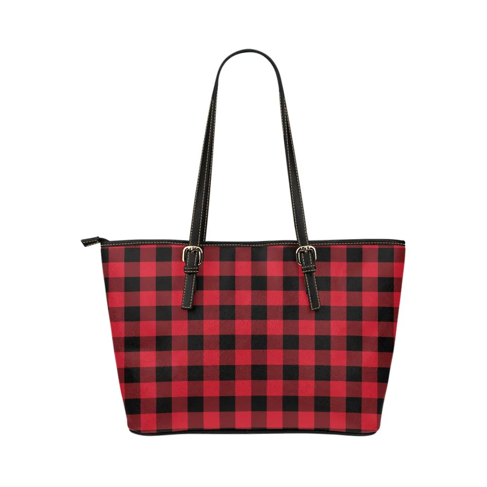 Red Buffalo Plaid Tote Bag Purse, Black Check Checkered Print Handbag Vegan Leather Zip on Top Designer Handmade Shoulder Ladies Women