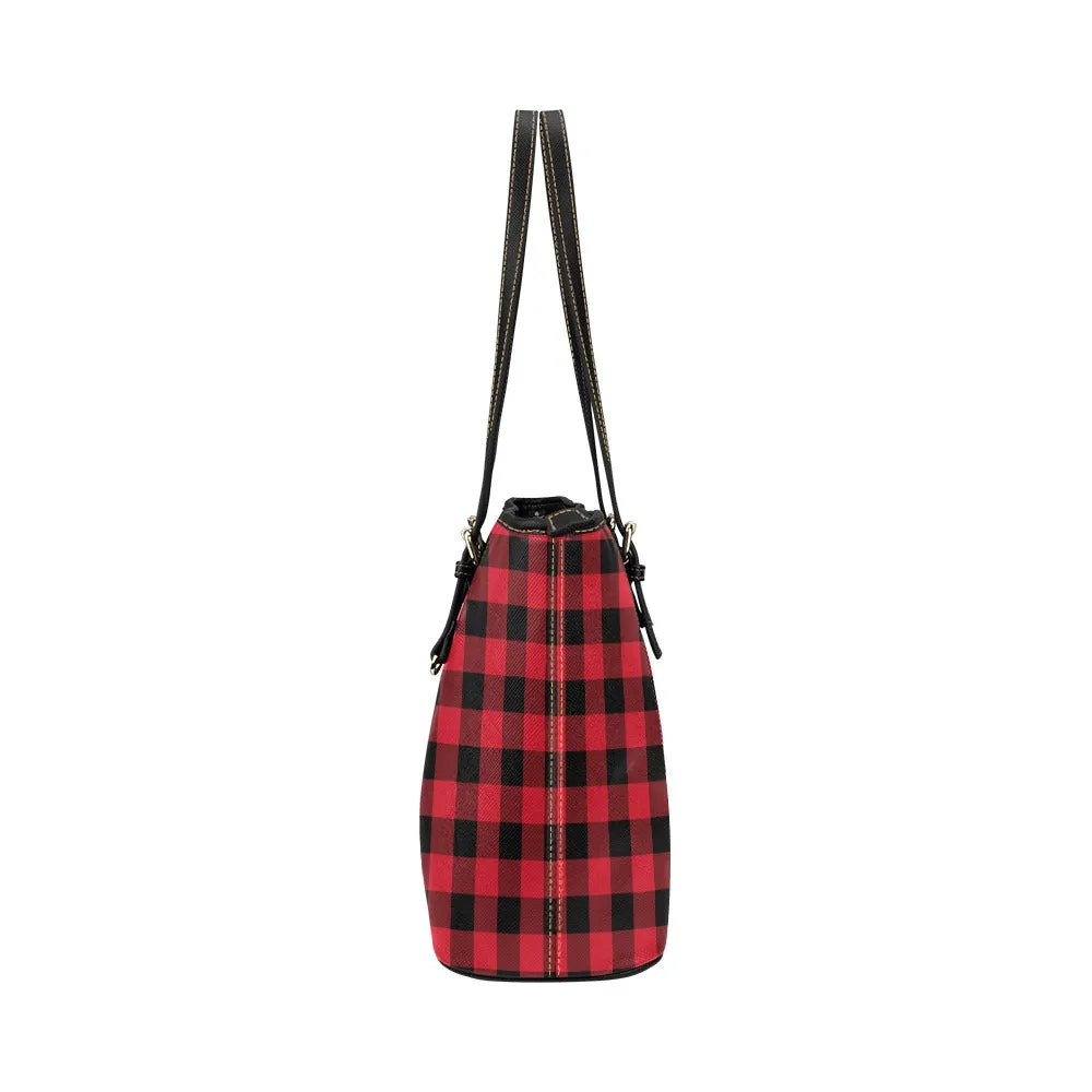 Red Buffalo Plaid Tote Bag Purse, Black Check Checkered Print Handbag Vegan Leather Zip on Top Designer Handmade Shoulder Ladies Women