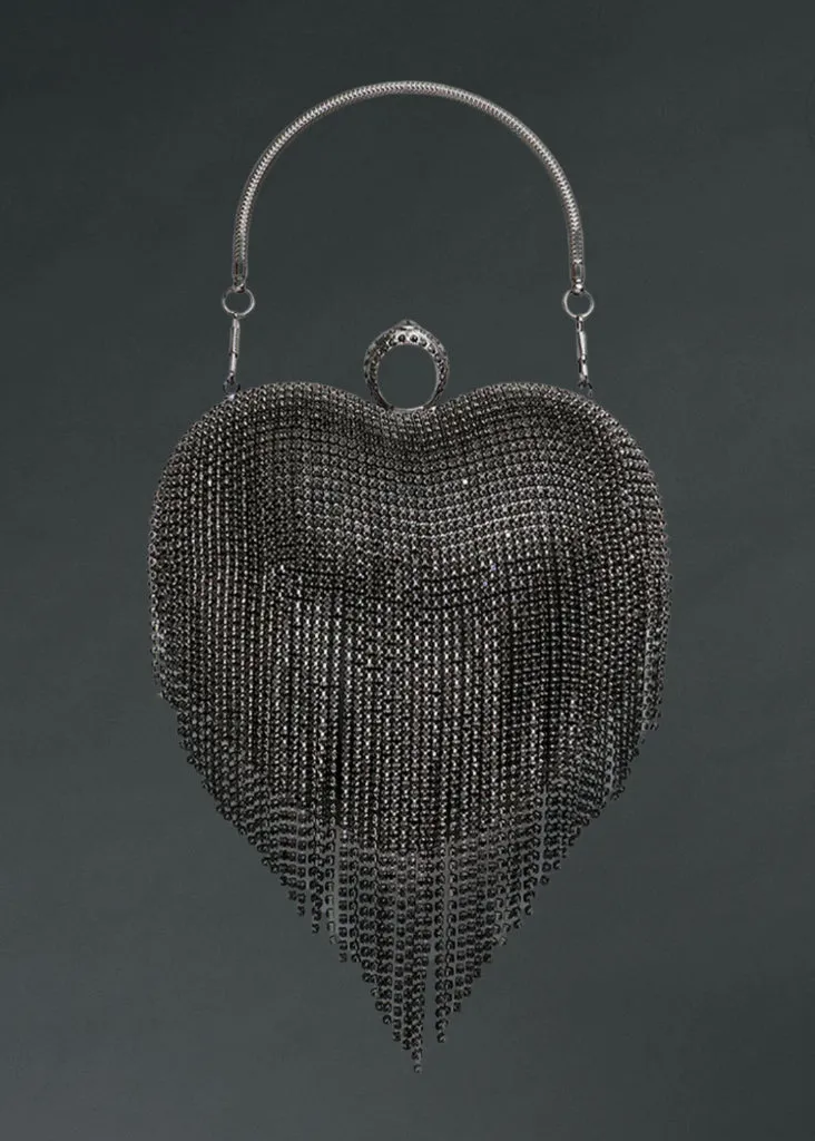 Rhinestone Fringe Heart Clutch Goth Purse