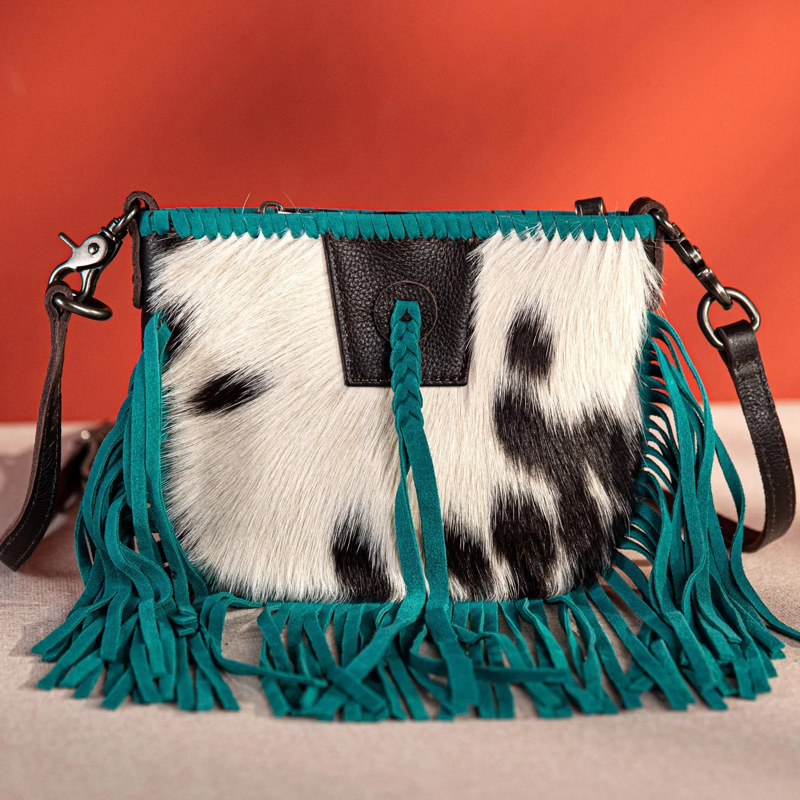 RLC-L180 Montana West Genuine Leather Hair-On Collection Fringe Crossbody Coffee-Turquoise