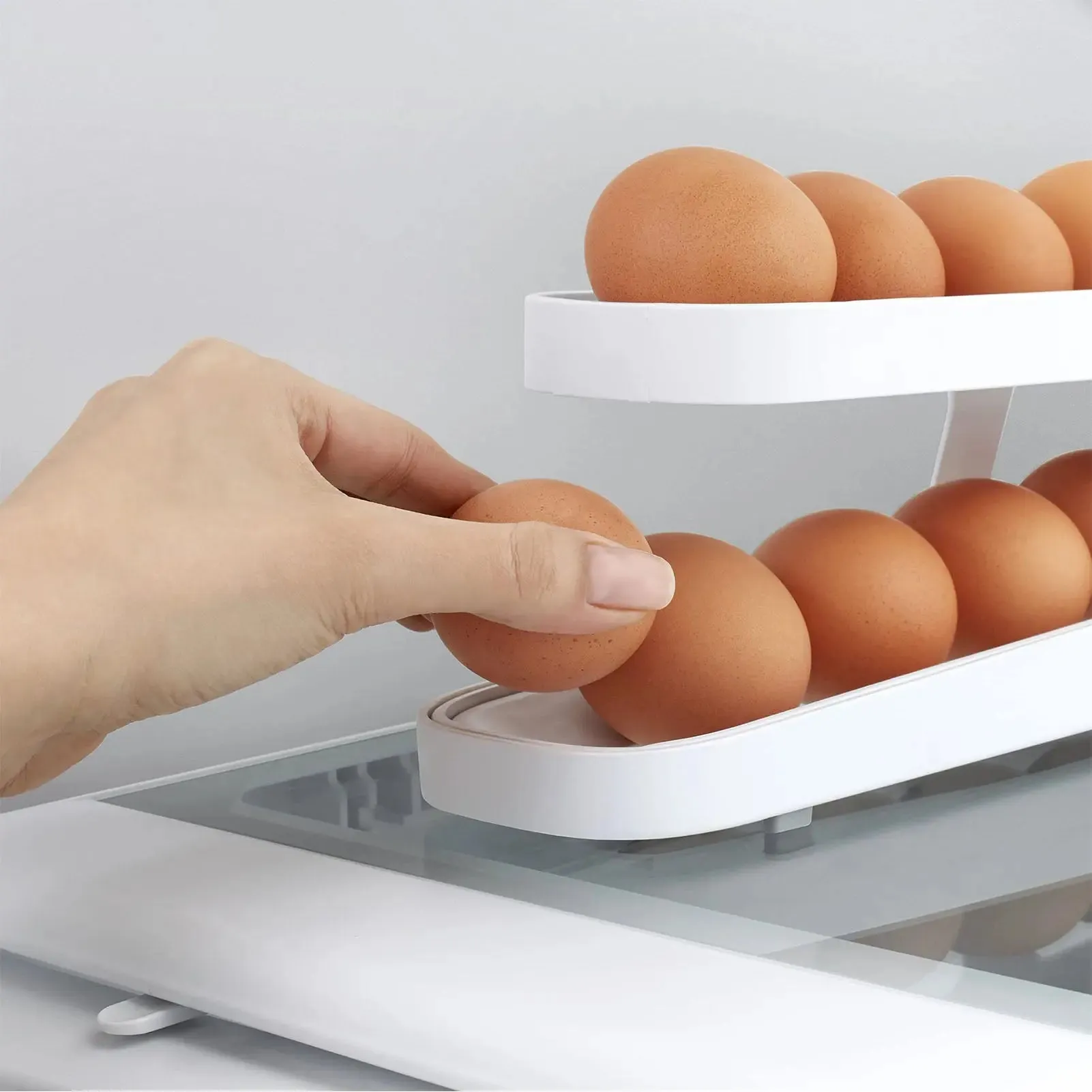 Roll-down refrigerator egg dispenser; Egg Rack Holder Storage Box; Egg Basket Container Organizer