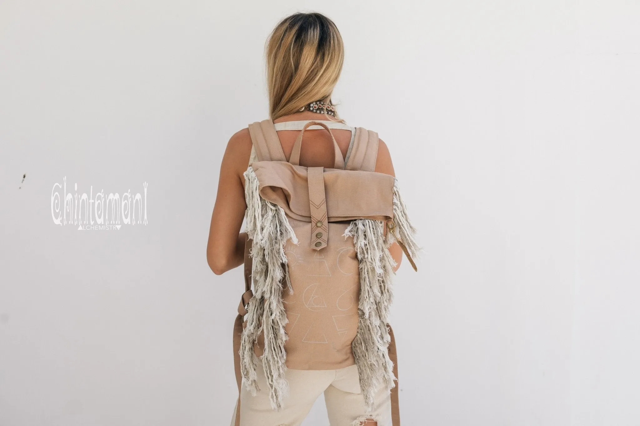 Rolltop Boho Canvas Backpack for Women with Linen Fringes ∆ Roll Top Laptop Backpack / Beige