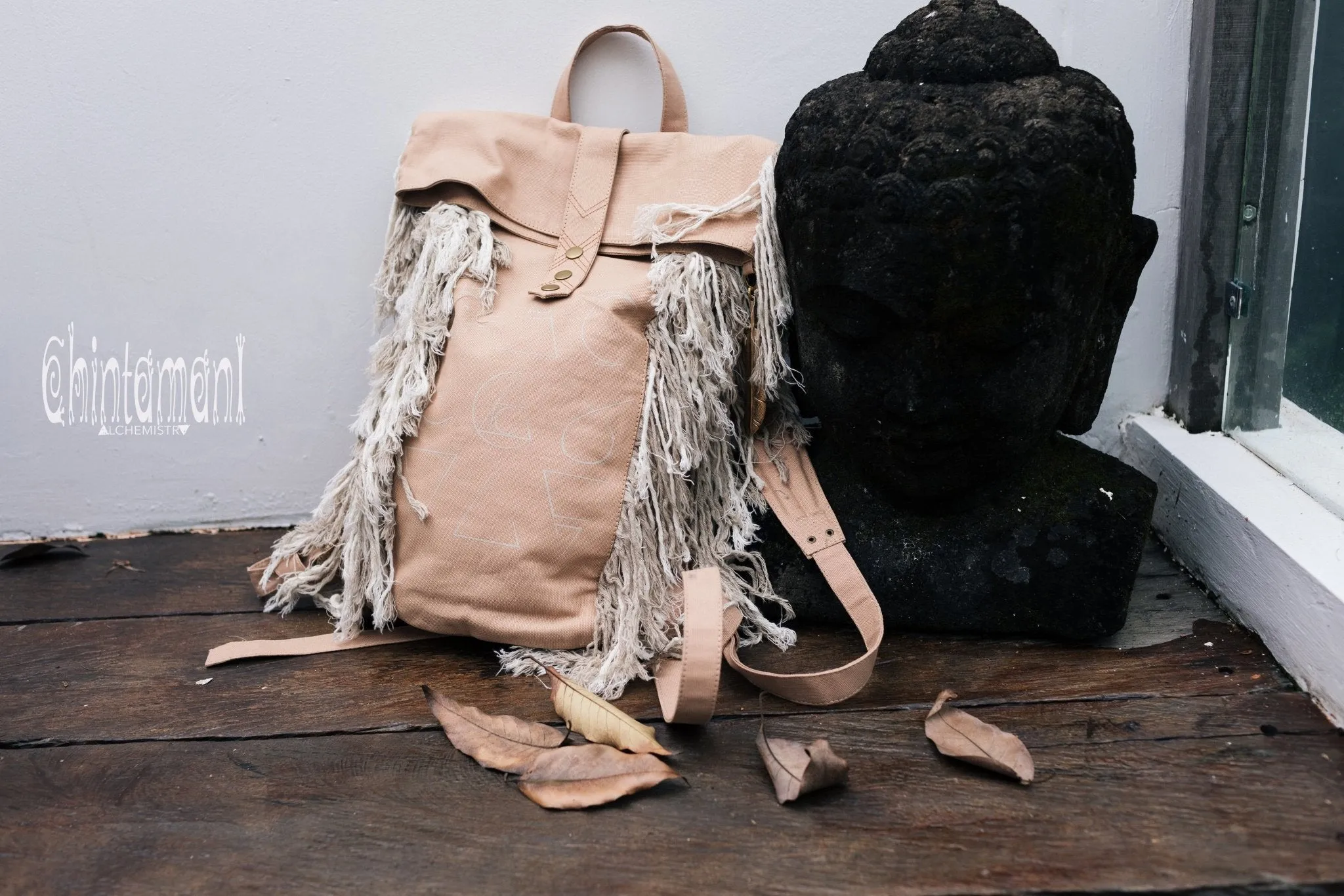 Rolltop Boho Canvas Backpack for Women with Linen Fringes ∆ Roll Top Laptop Backpack / Beige