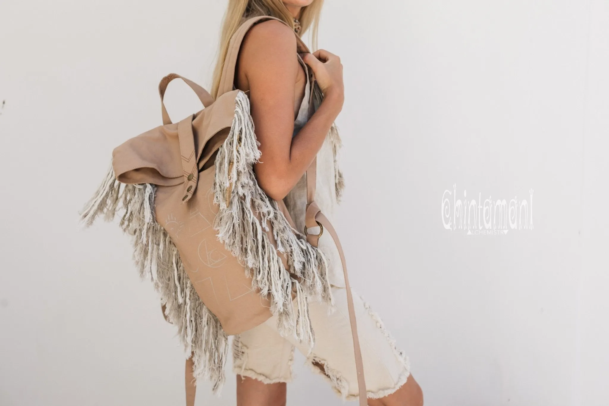 Rolltop Boho Canvas Backpack for Women with Linen Fringes ∆ Roll Top Laptop Backpack / Beige