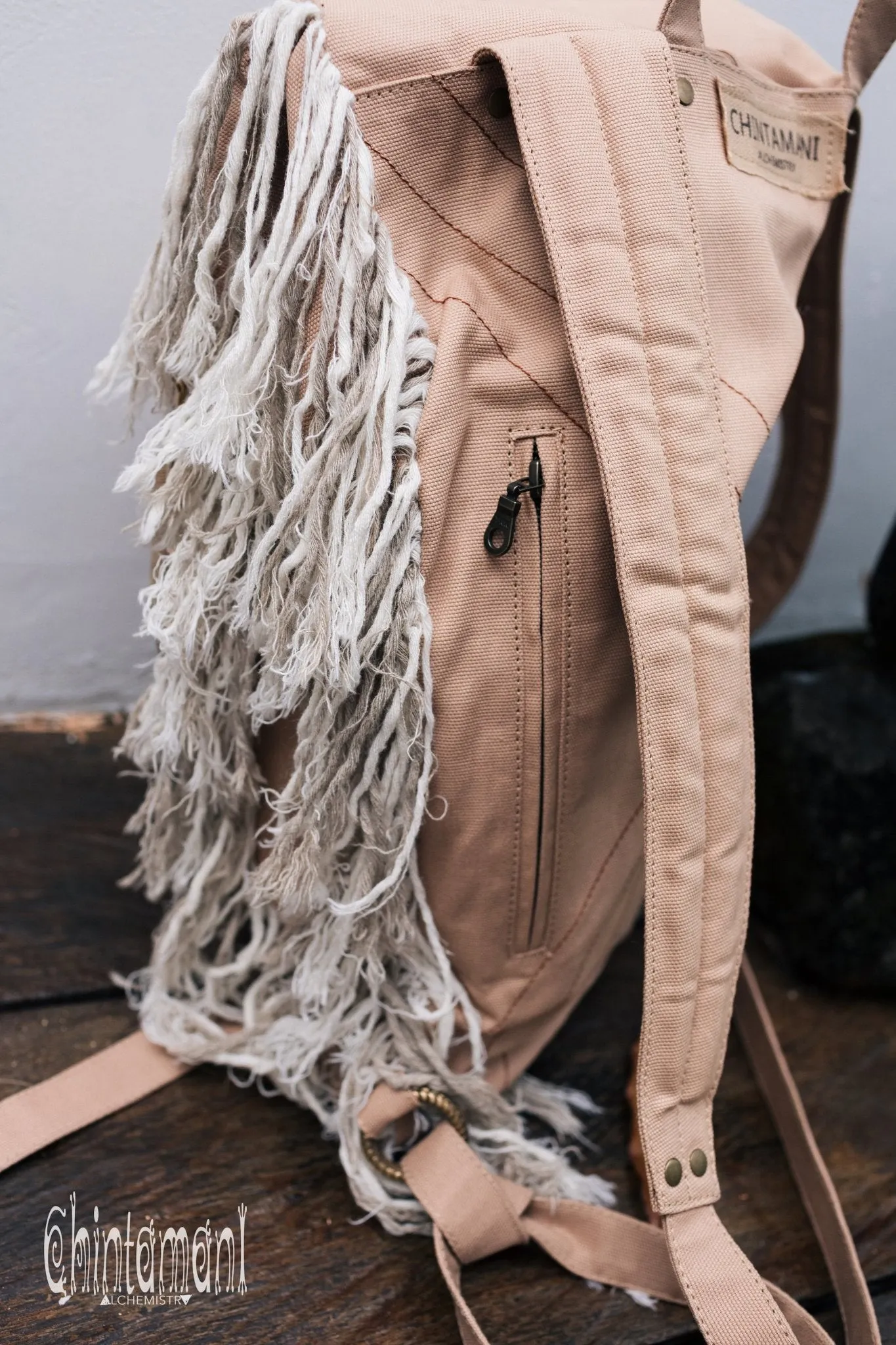 Rolltop Boho Canvas Backpack for Women with Linen Fringes ∆ Roll Top Laptop Backpack / Beige