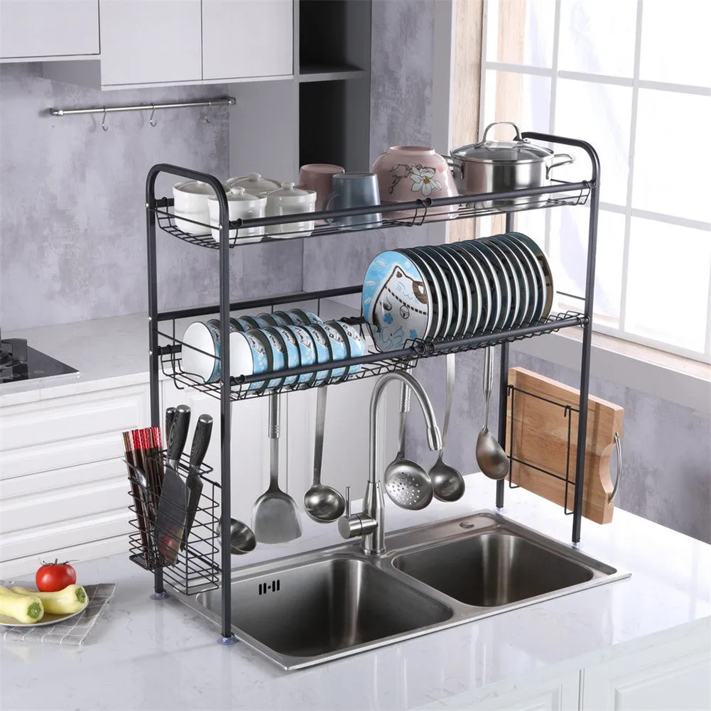 RONSHIN Single Layer Bowl Rack Shelf Dish Drainer 90cm Inner Length Kitchen Organizer Black