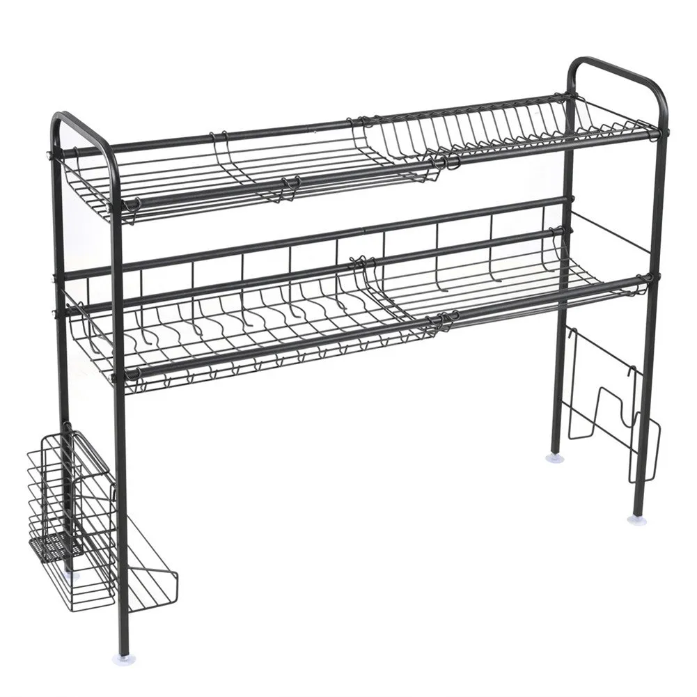 RONSHIN Single Layer Bowl Rack Shelf Dish Drainer 90cm Inner Length Kitchen Organizer Black