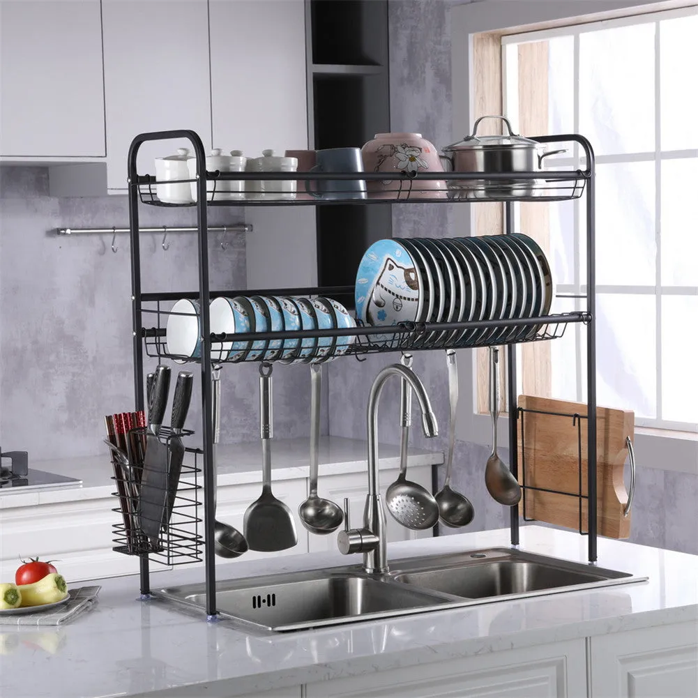 RONSHIN Single Layer Bowl Rack Shelf Dish Drainer 90cm Inner Length Kitchen Organizer Black