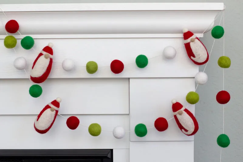 Santa Claus Felt Christmas Garland- Red Green White