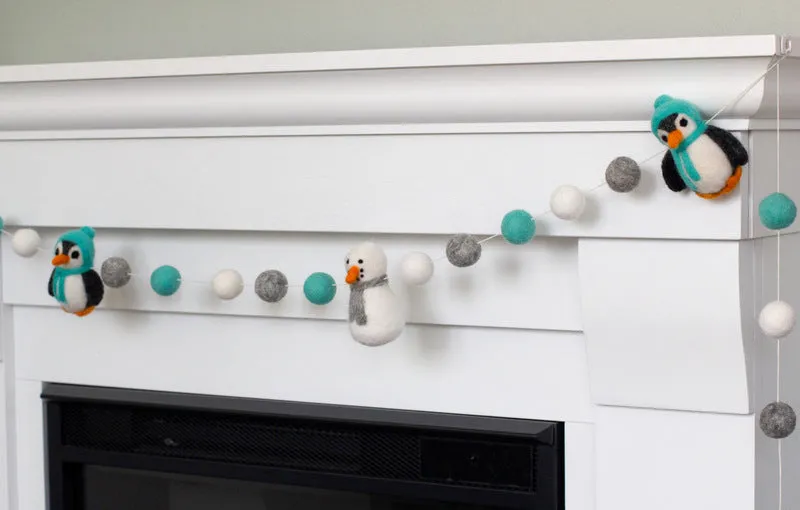 Snowman & Penguin Christmas Garland- Turquoise & Gray