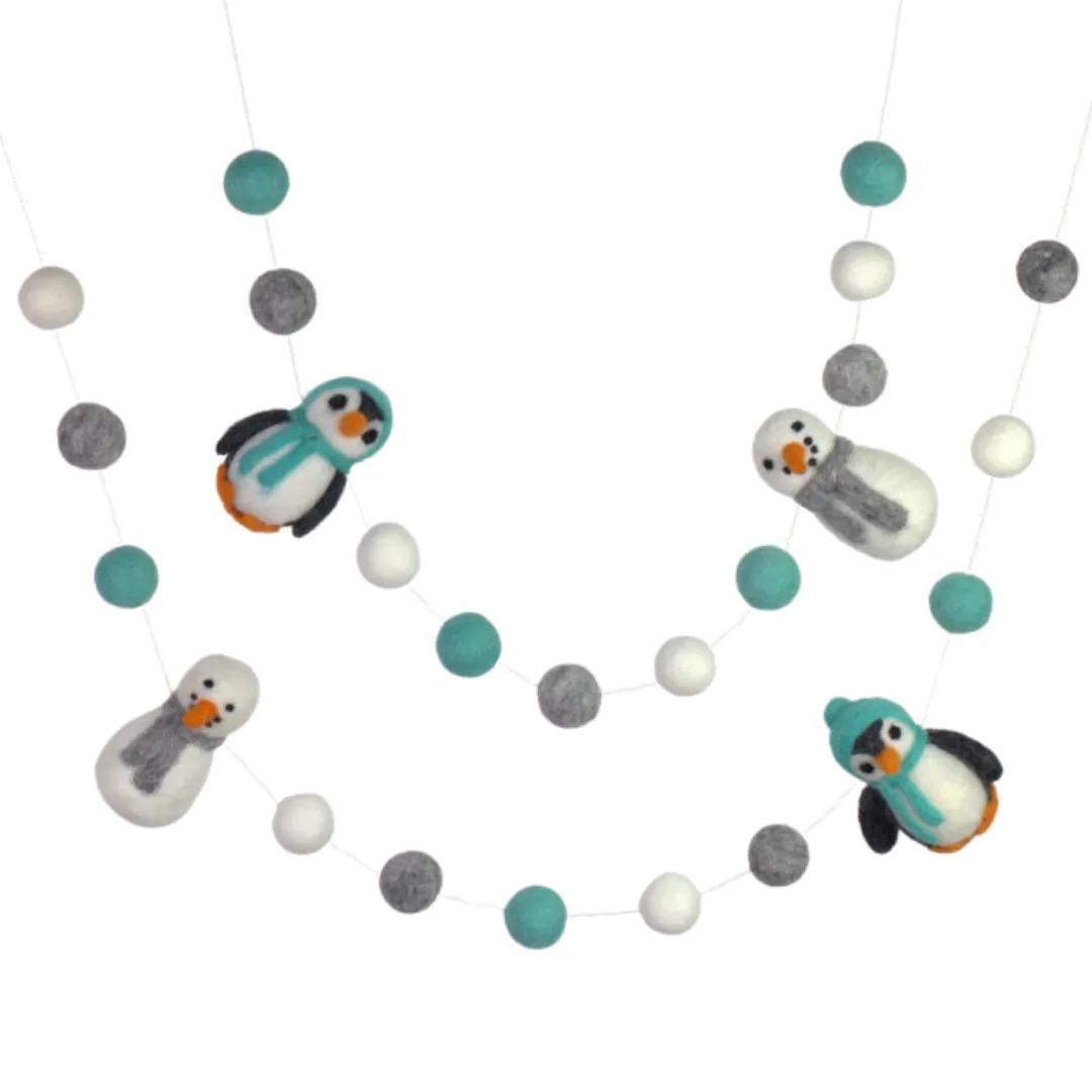 Snowman & Penguin Christmas Garland- Turquoise & Gray