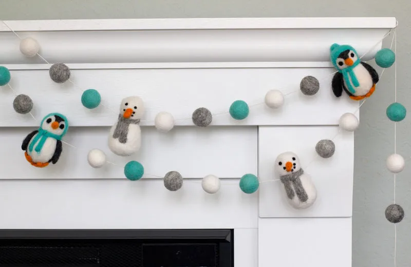 Snowman & Penguin Christmas Garland- Turquoise & Gray