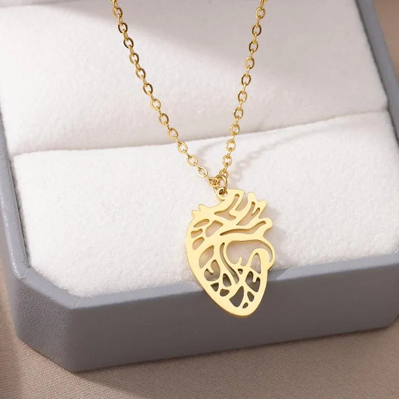 Stainless Steel Necklace Jewelry Men Women Simple Hollow Human Medical Anatomical Heart Organ Pendant Necklace For Doctor Gift