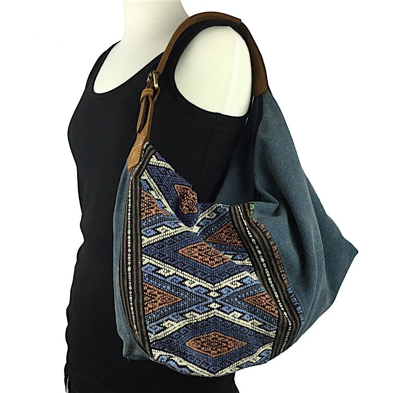 Stone Washed Teal Canvas & Hand Weave Hobo Bag