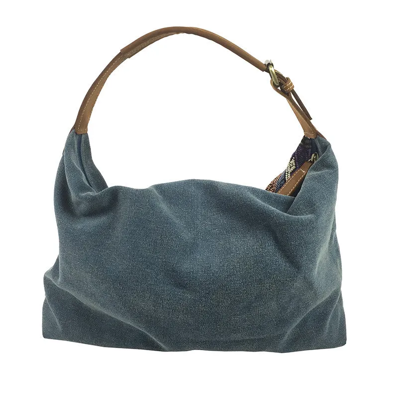 Stone Washed Teal Canvas & Hand Weave Hobo Bag