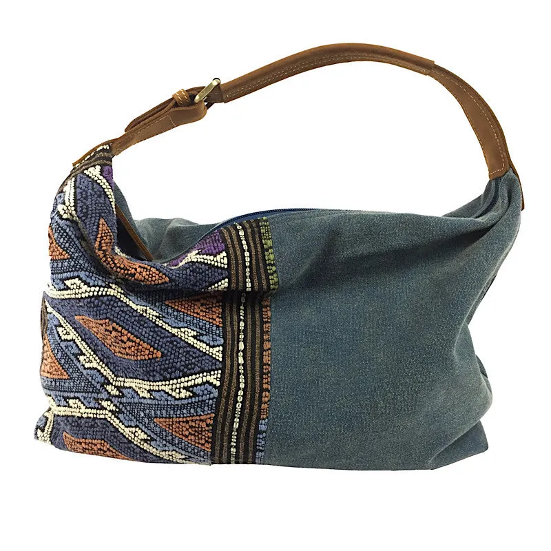 Stone Washed Teal Canvas & Hand Weave Hobo Bag