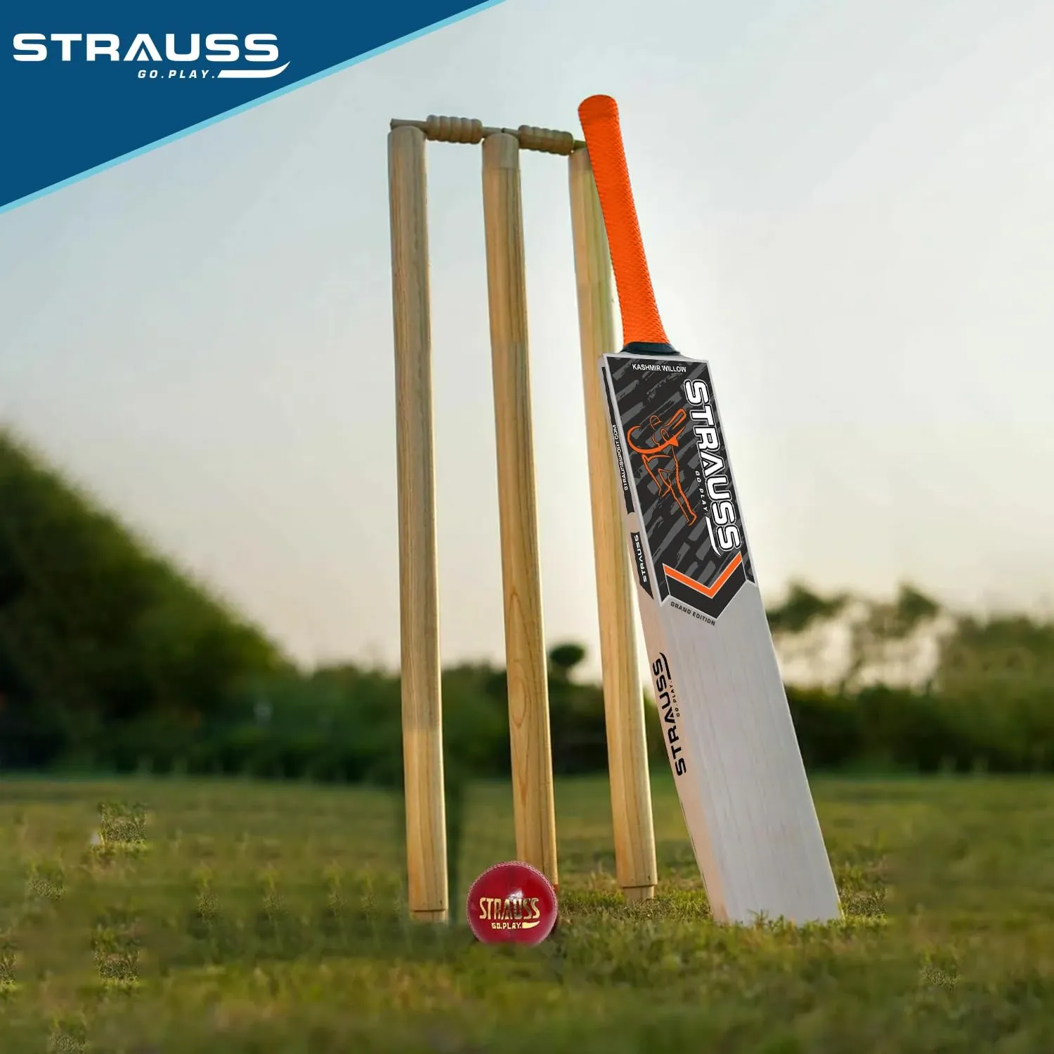 Strauss Kashmir Willow Right Hand Leather Cricket Kit | Size: Full Size | Ideal for Age 13  | Cricket Accessories for Boys | for Training & Matches | Set of 9 | includes Leather Cricket Ball,(Orange)