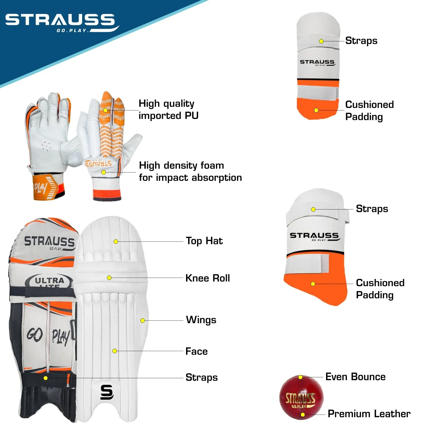 Strauss Kashmir Willow Right Hand Leather Cricket Kit | Size: Full Size | Ideal for Age 13  | Cricket Accessories for Boys | for Training & Matches | Set of 9 | includes Leather Cricket Ball,(Orange)