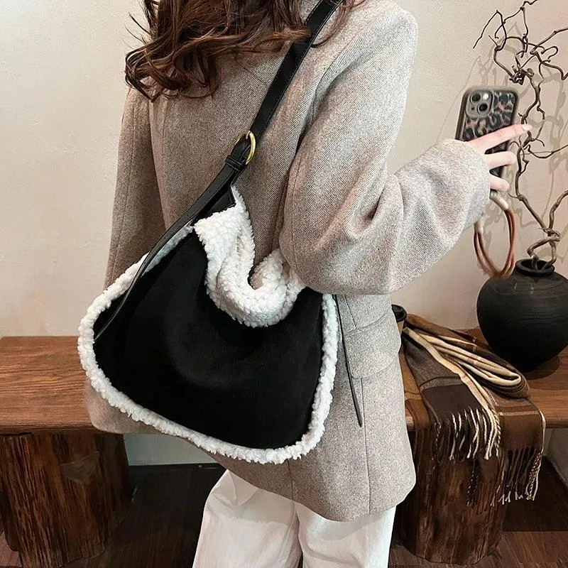 Suede Crossbody Bag Large Faux Fur Contrast Edged Snap with Removable Mini Purse