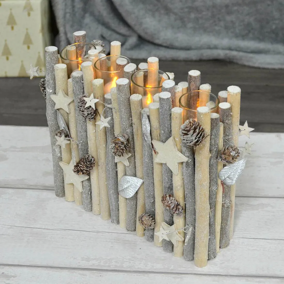 Tall Rectangle Wooden Candle Holder Christmas Silver Twigs 37cm