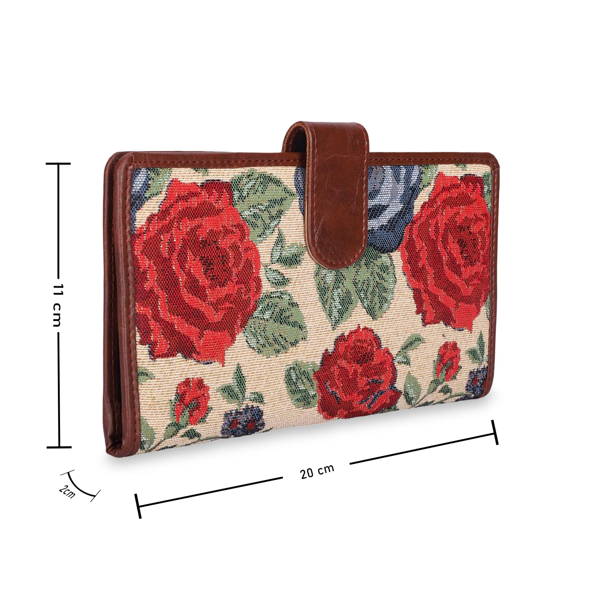 THE CLOWNFISH Voyage Vault Series Tapestry Fabric & Faux Leather Unisex Dual Passport Wallet Travel Document & Cash Organizer with Multiple Card Holder Slots & Button Flap Closure (Red-Floral)