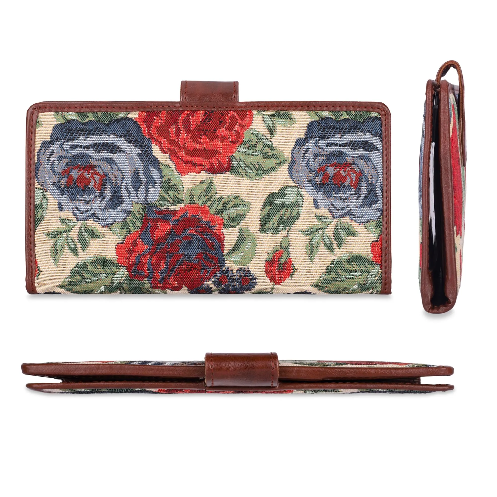 THE CLOWNFISH Voyage Vault Series Tapestry Fabric & Faux Leather Unisex Dual Passport Wallet Travel Document & Cash Organizer with Multiple Card Holder Slots & Button Flap Closure (Red-Floral)