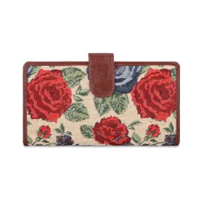 THE CLOWNFISH Voyage Vault Series Tapestry Fabric & Faux Leather Unisex Dual Passport Wallet Travel Document & Cash Organizer with Multiple Card Holder Slots & Button Flap Closure (Red-Floral)