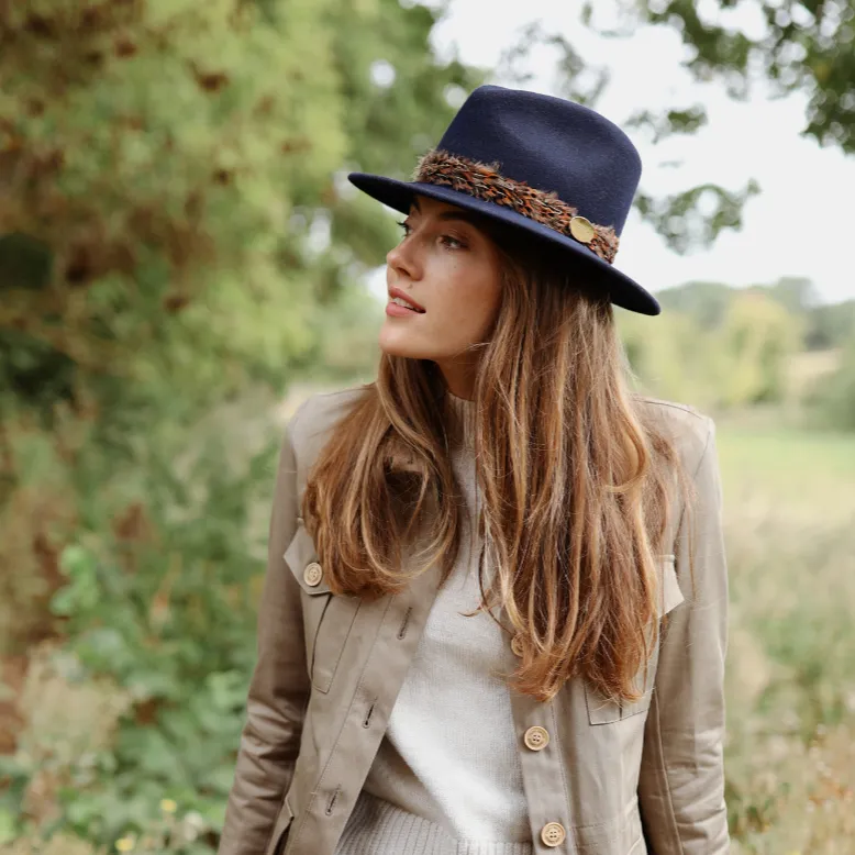 The Suffolk Fedora in Navy (Bronze Feather Wrap)