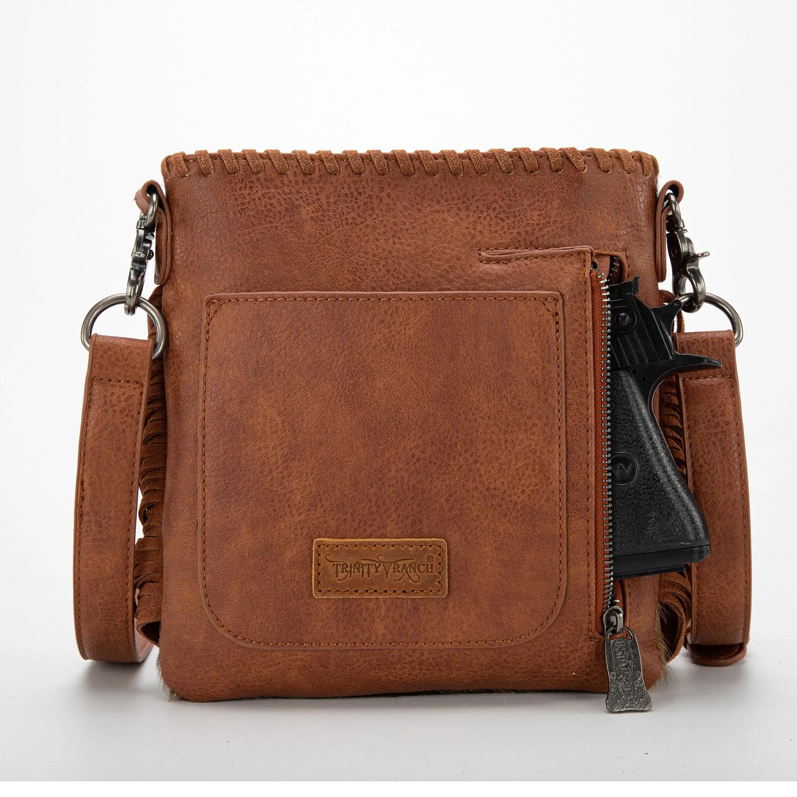 TR162G-2001   Trinity Ranch Hair-On Cowhide Fringe Concealed Carry Crossbody Bag - Brown